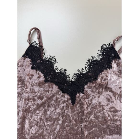 VTG Y2K Wishlist Crushed Velvet Chemise Dress Small Brown Black Lace Trim Retro - Picture 6 of 12